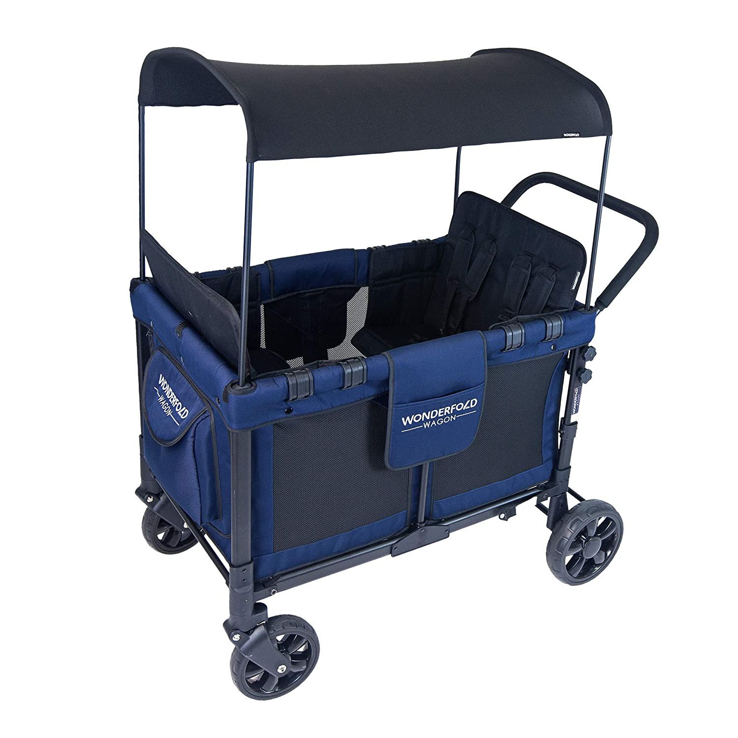 Multifunktionaler Kinderwagen 2025. Zusammenklappbarer Viersitzer-Kinderwagen mit wendbarem und abnehmbarem Verdeck und Sitzen für bis zu 4 Kleinkinder. Marineblau.