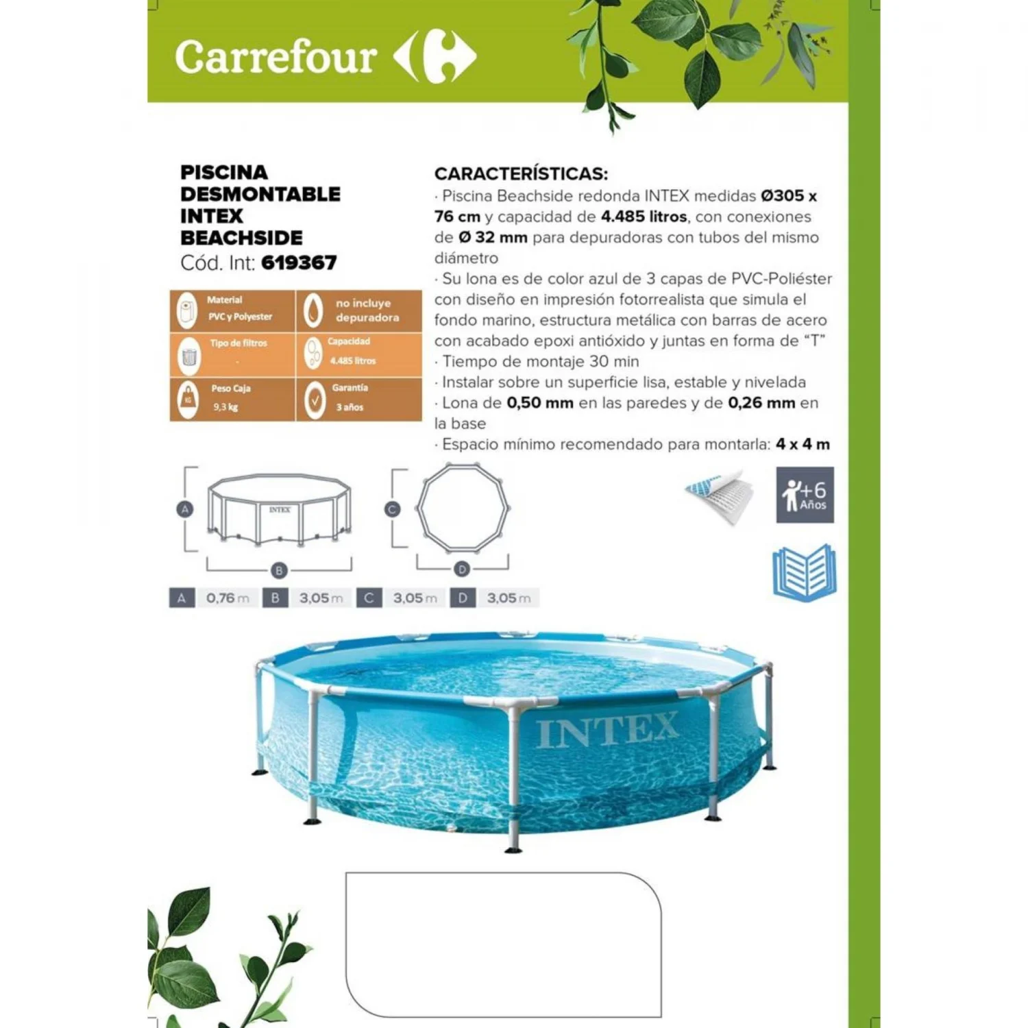 Runder, rohrförmiger Metallpool 305x76 cm mit Strandrahmen