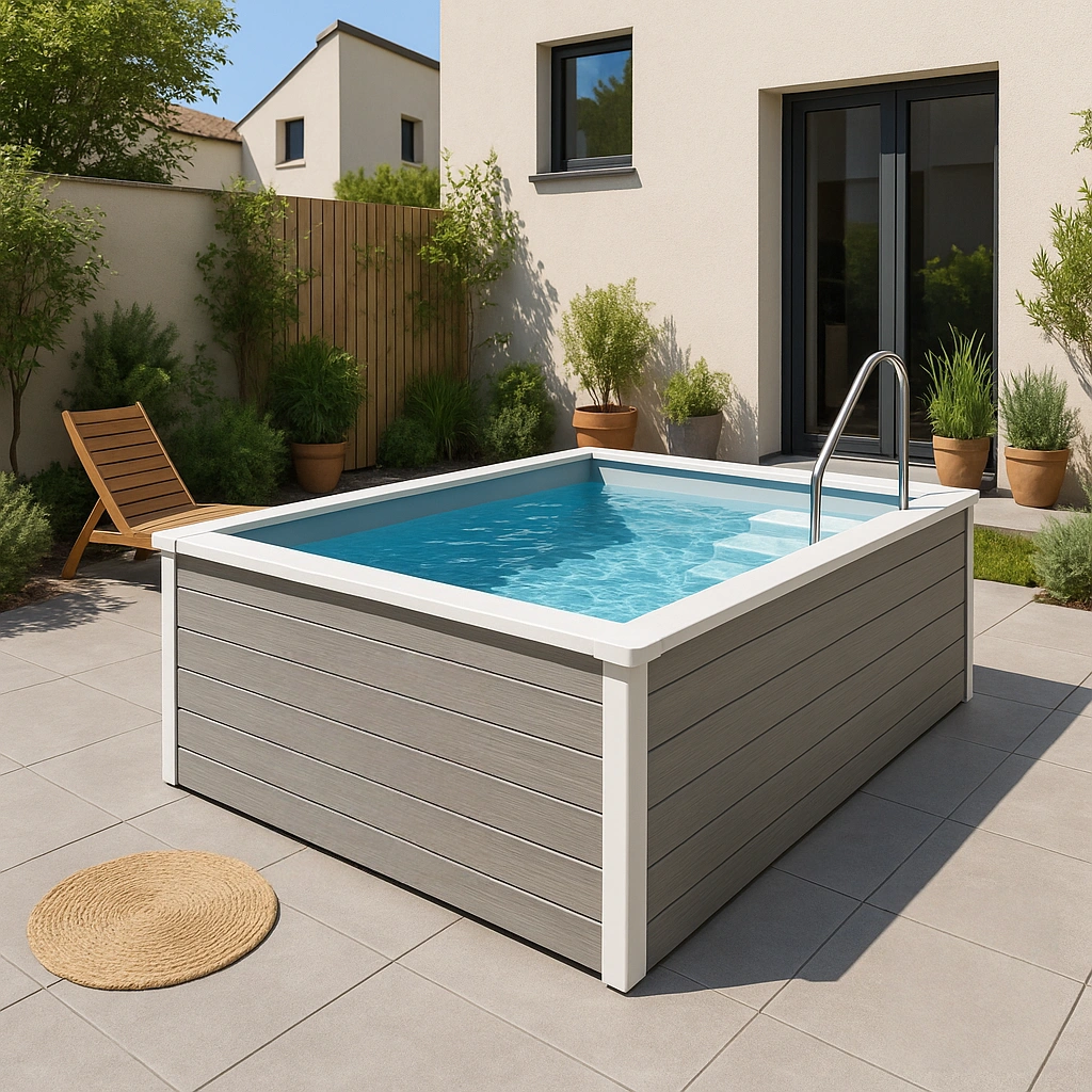 Piscine hors-sol rectangulaire gris clair en matériau composite pour jardin ou terrasse, 250 cm x 200 cm x 100 cm