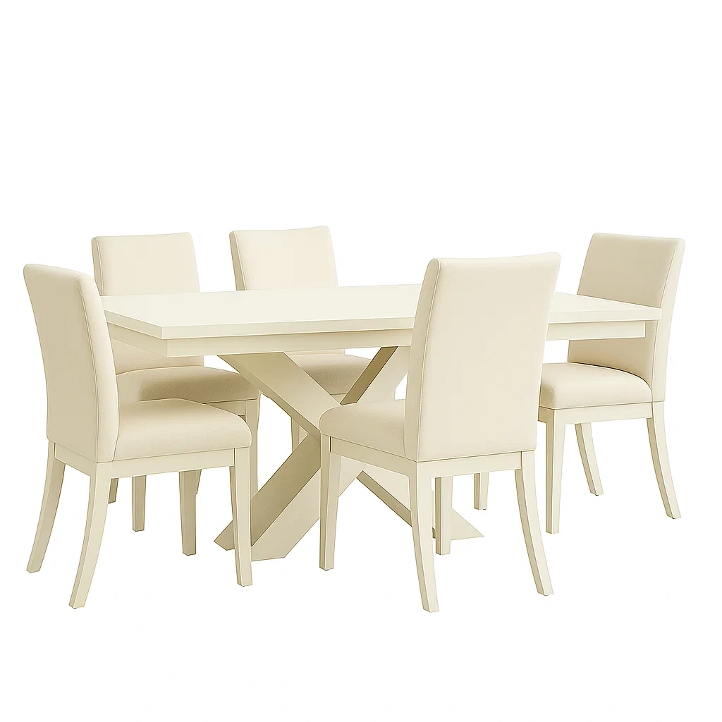Ensemble de salle à manger 6 places, bois et tissu, couleur crème, table rectangulaire à piètement en X, structure fixe, dimensions de la table : 160 x 90 x 75 cm ; dimensions des chaises : 48 x 52 x 93 cm, pour repas en intérieur - YfO0NCg172mP