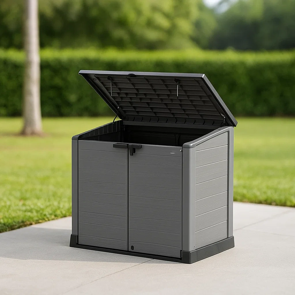 Coffre de jardin avec couvercle à charnières et portes, gris, résine, extérieur, 145 x 84 x 124 cm