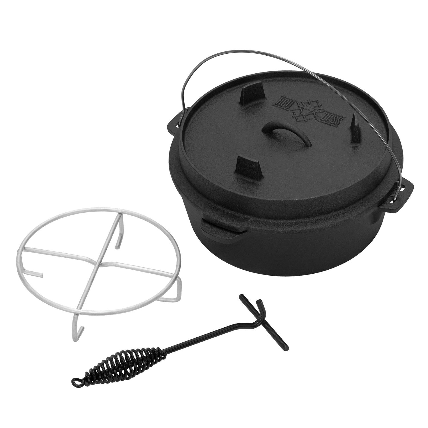 Dutch Oven Set BBQ 7,3L Schwarzguss mit Heber und Untersetzer BBQ#boss