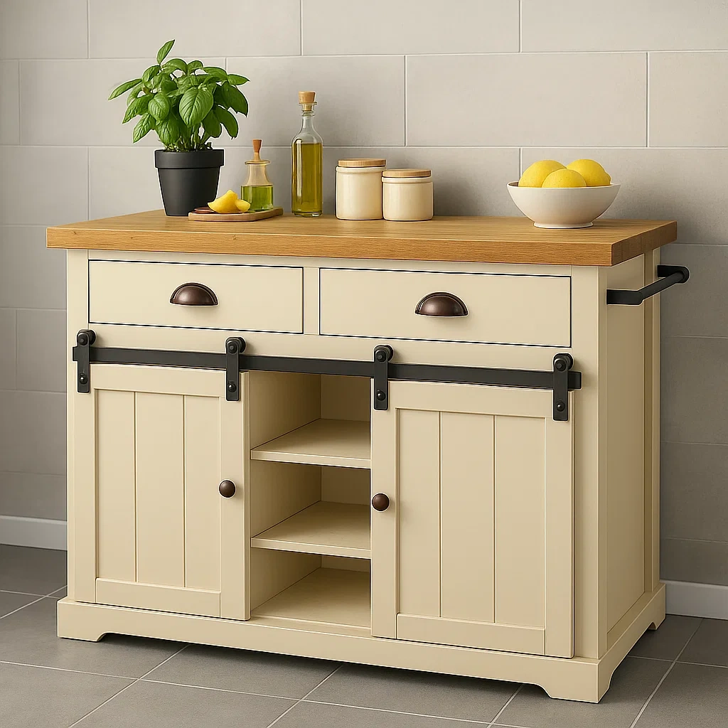 Îlot de cuisine rectangulaire en MDF couleur crème, avec plan de travail en bois, 2 tiroirs, portes coulissantes et étagères centrales. Dimensions : 110 cm de long, 45 cm de large, 90 cm de haut. Idéal pour une cuisine domestique. - pdHLcFwdvYzS