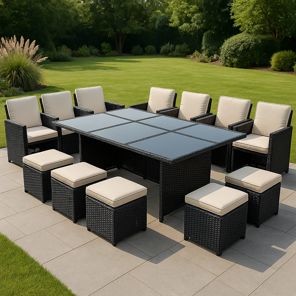 Ensemble de salle à manger d'extérieur + table rectangulaire avec fauteuils et tabourets + noir/beige + rotin PE + extérieur/intérieur