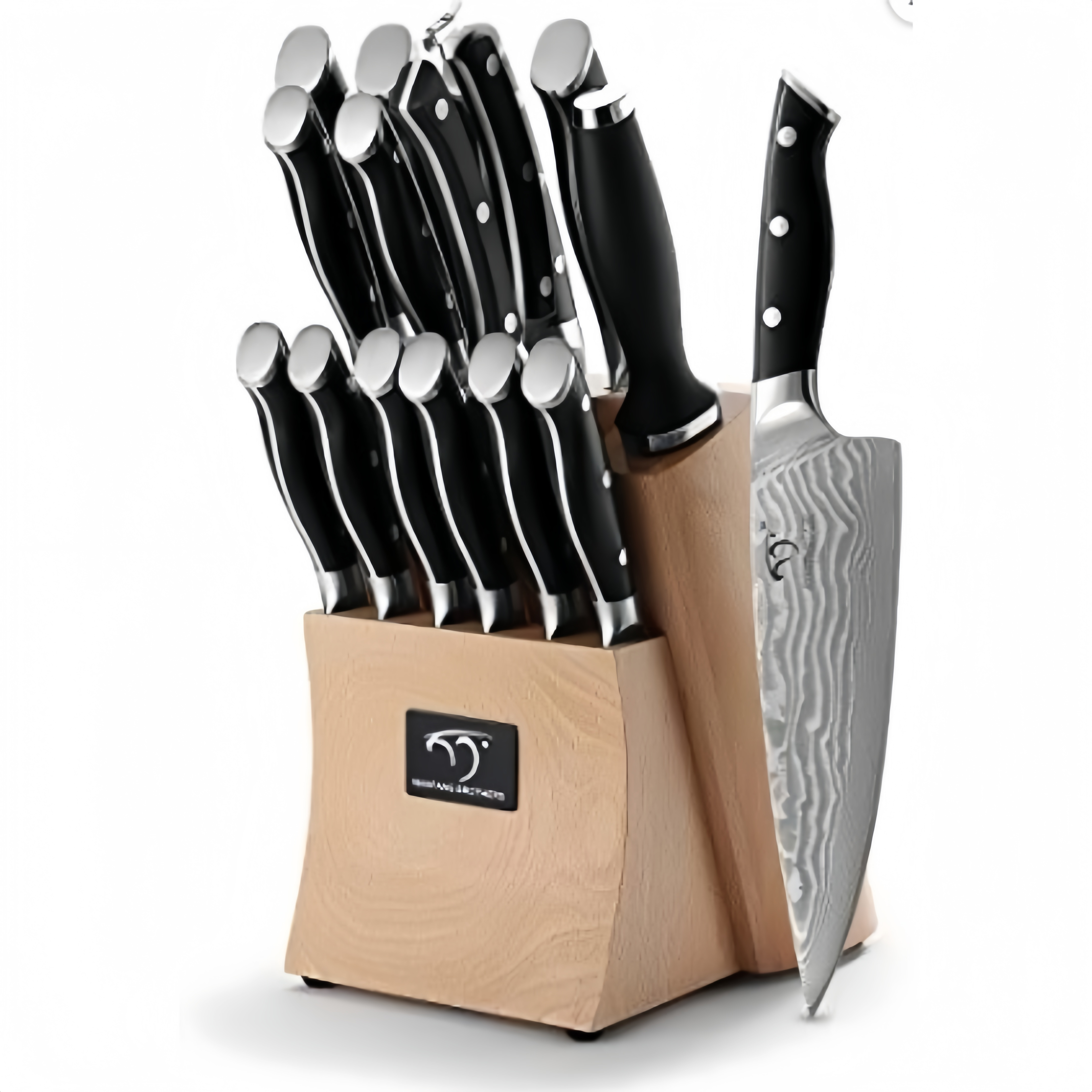 Damast-Küchenmesserset, 9-teilig mit Block, ergonomischem ABS-Griff für Kochmesser, Messerschärfer und Küchenschere, Block aus Buchenholz