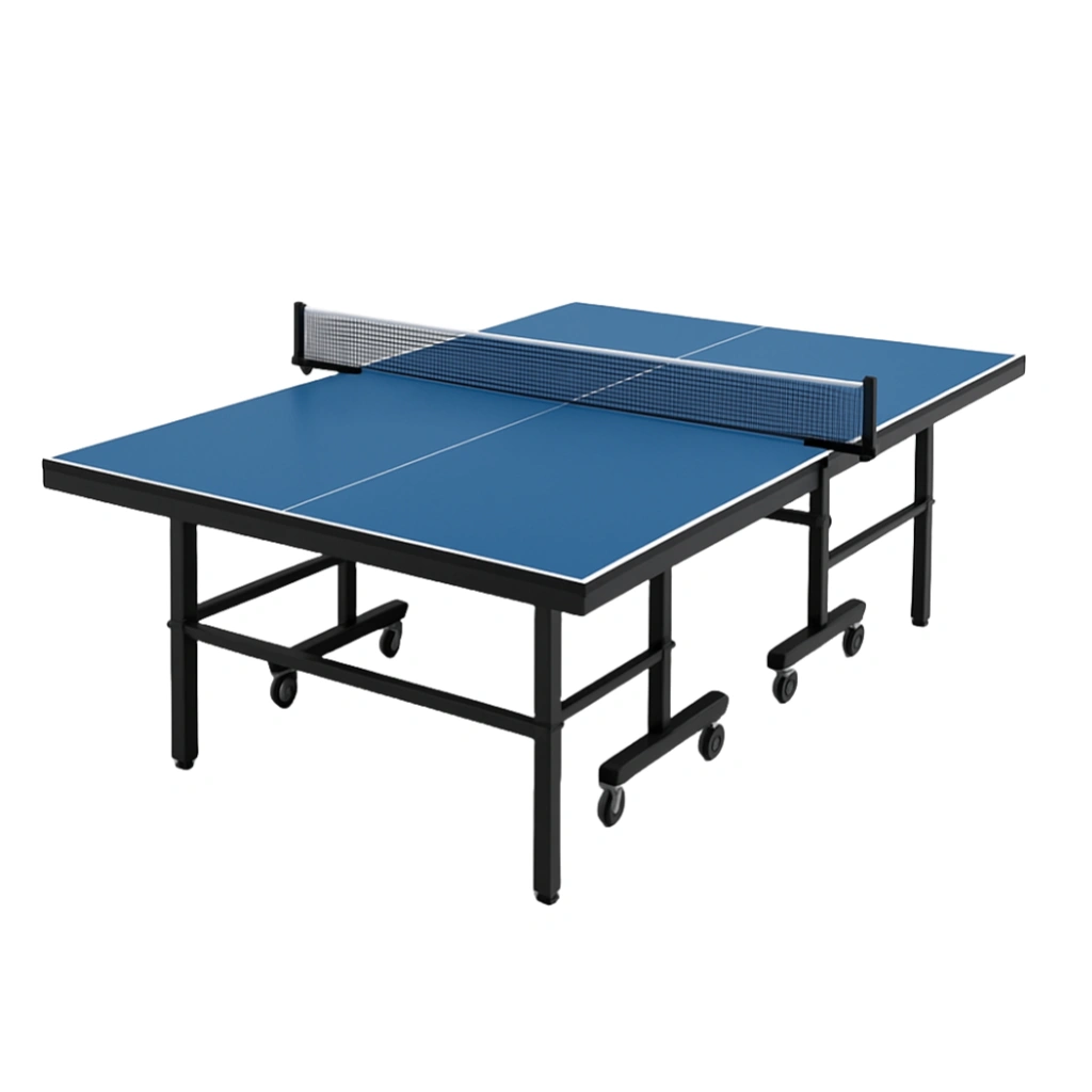 Table de ping-pong bleue avec filet et roulettes. Acier. Usage intérieur/extérieur. 274 x 152,5 x 76 cm