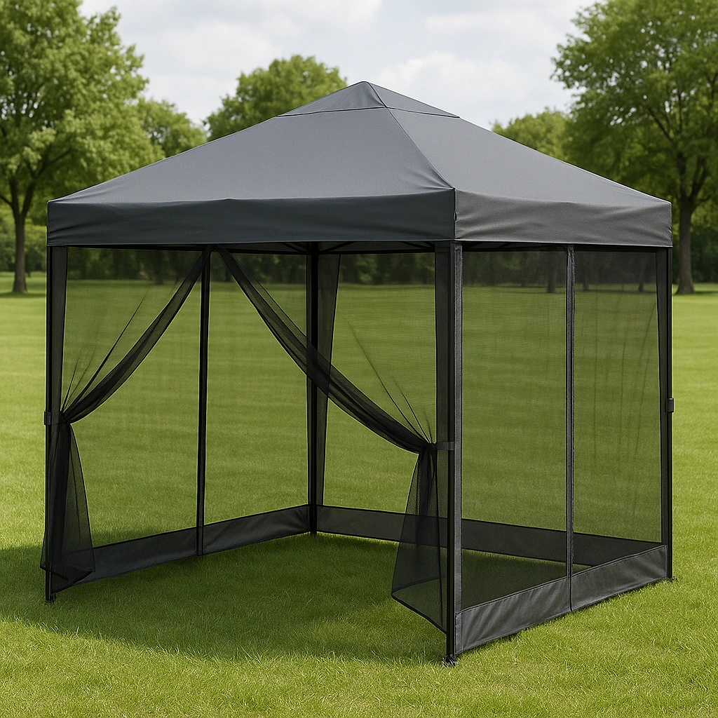 Pergola à parois en maille, grise, métal et tissu, extérieure, 300 x 300 x 250 cm