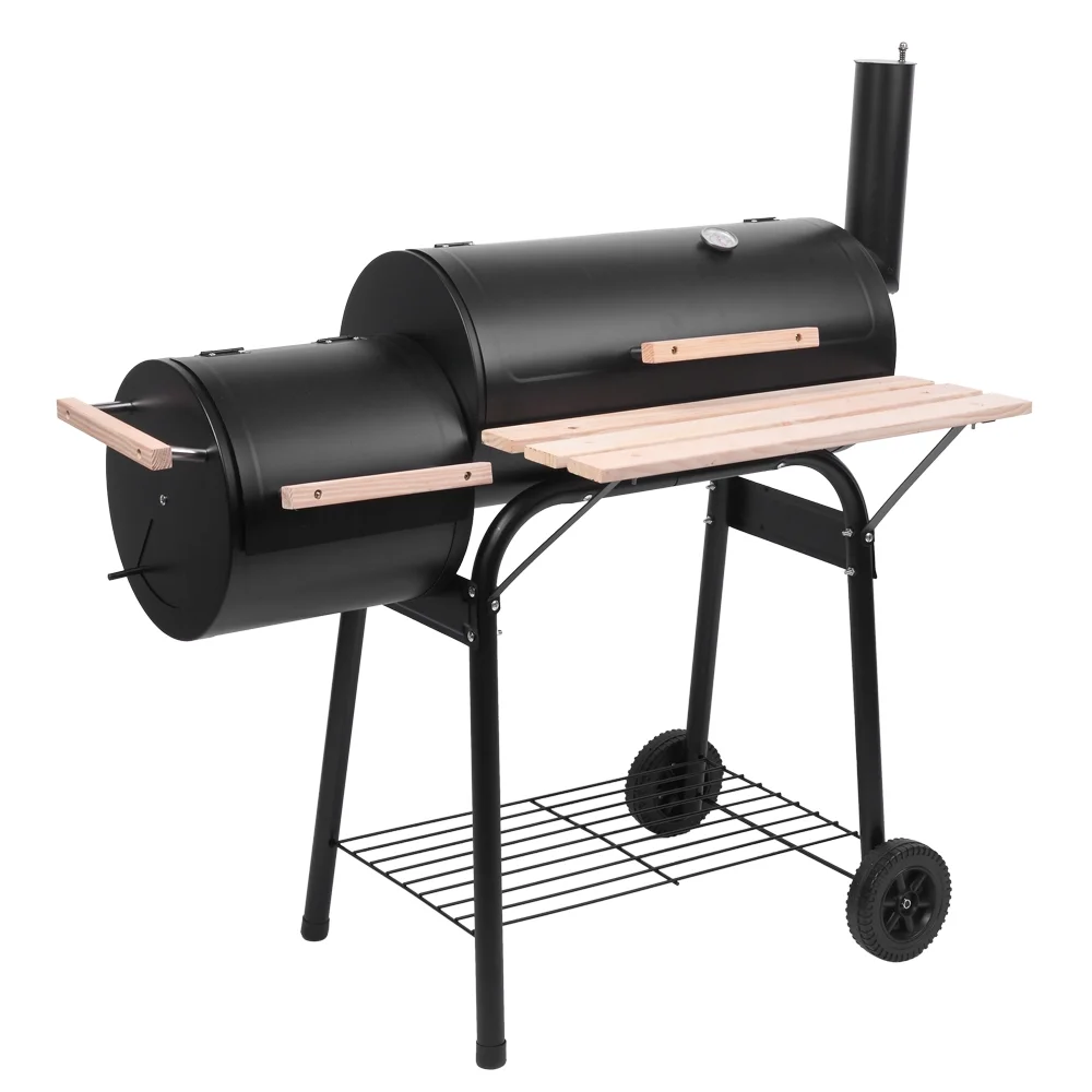 UBesGoo tragbarer Holzkohlegrill mit seitlichem Räuchereinsatz aus Stahl für Camping. Schwarz.