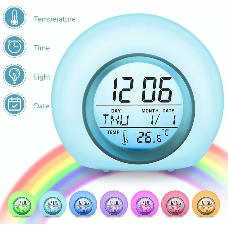 Digitaler Wecker für Kinder, 7 Farben, Kinderwecker mit Lampe, Kalender und Thermometer, kreativer runder Wecker mit LED-Nachtlicht für Kinder und Babys (Farbe)