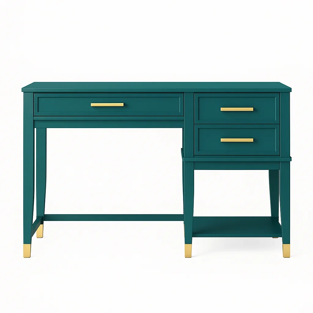 Bureau d'ordinateur avec 3 tiroirs et une étagère ouverte, structure verte et détails dorés, 120 x 60 x 75 cm - meMSdku307qi