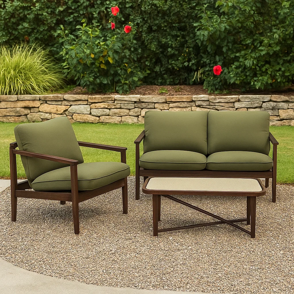 Ensemble de salon de jardin 3 places en métal marron avec coussins vert olive, canapé 2 places 128x75x85 cm, fauteuil 72x75x85 cm, table 90x50x42 cm, pour une utilisation extérieure sur terrasse ou patio - NoxJfTKS7Tn0