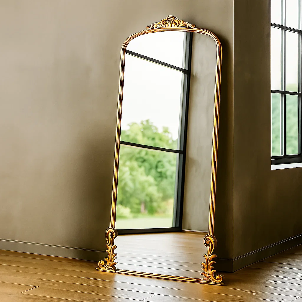 Miroir sur pied, doré, en métal, idéal pour le salon, 52 x 7 x 174 cm