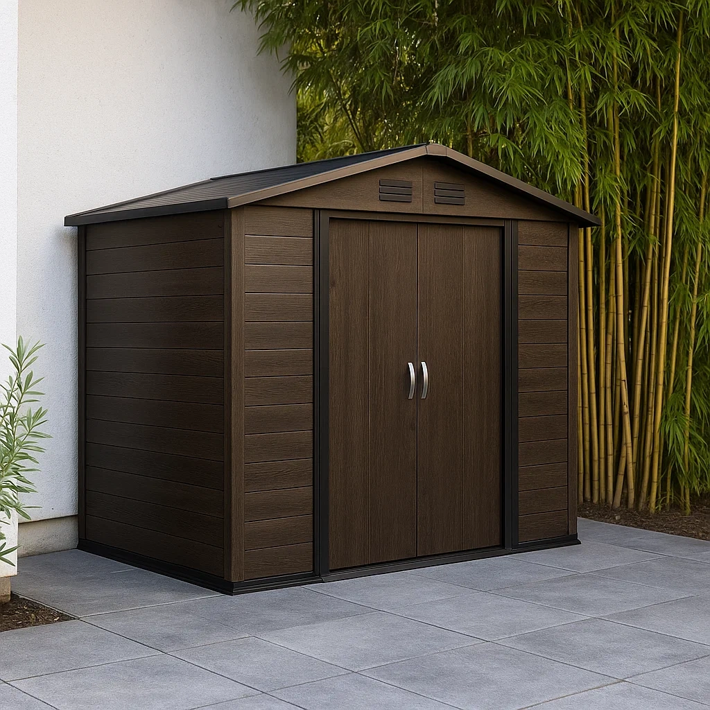 Abri de jardin en résine avec toit à deux pans et 2 portes, marron et noir, 150 x 100 x 180 cm - xaW2e4rIFTrx