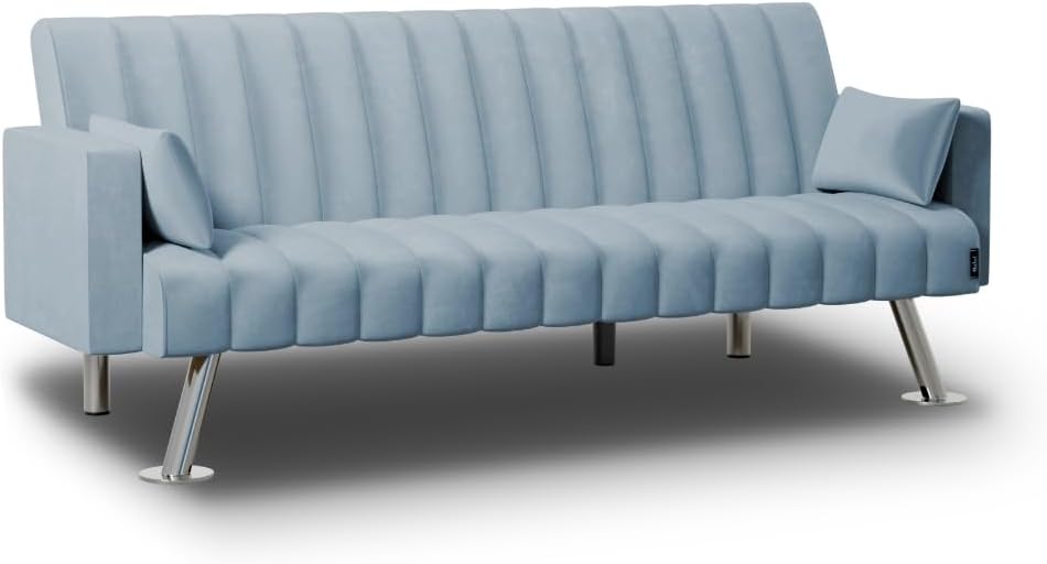 Nalui – Gepolstertes 3-Sitzer-Schlafsofa 210 x 80 x 79 cm, einlagig, 2 Kissen, Klick-Klack-Öffnungsmechanismus mit verstellbarer Rückenlehne. Samt-Chaiselongue-Schlafsofa, umwandelbar in ein Doppelbett | Beige