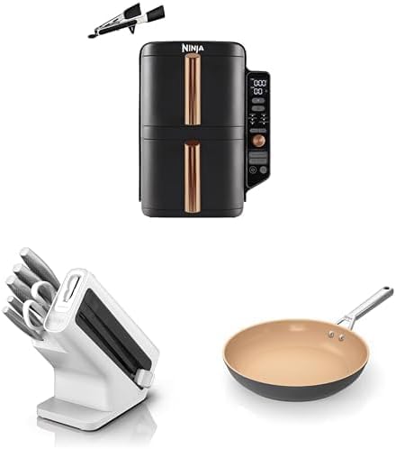 Ninja Double Stack XL Heißluftfritteuse (2025), 9,5 l, Schwarz/Kupfer, SL400EUCP + Ninja Messerblock mit integriertem Messerschärfer, Weiß, K62006EUWH + Ninja Keramik-Bratpfanne, 28 cm, Terrakotta und Grau, CW90028DE