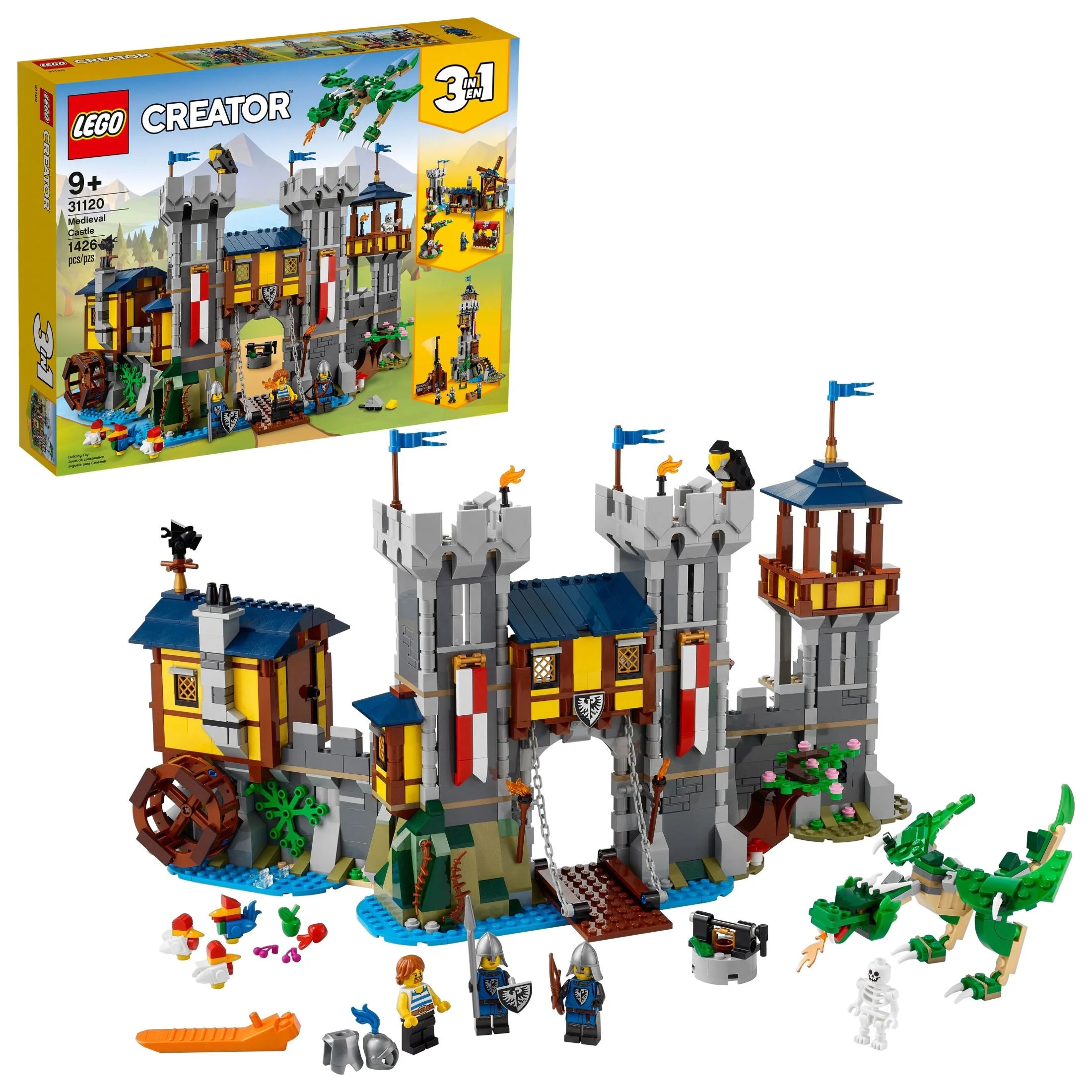 LEGO Creator 3-in-1 Mittelalterliche Burg, lässt sich von der Burg in einen Turm und einen Marktplatz verwandeln, inklusive Skelett- und Drachenfigur, mit 3 Minifiguren und Katapult, 31120