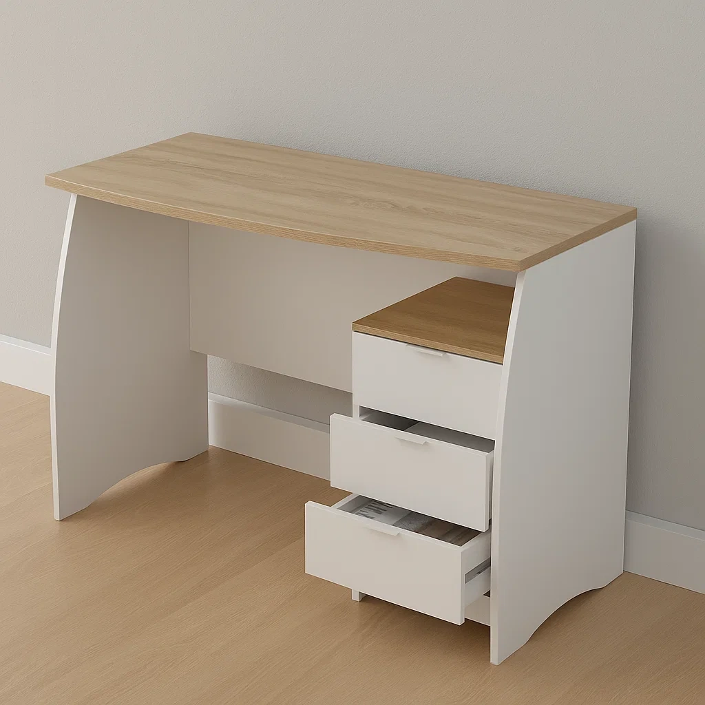 Bureau d'ordinateur à 3 tiroirs, finition bois clair naturel, pour bureau ou espace de travail, 136 × 67 × 74 cm - BuilTLjShN4x