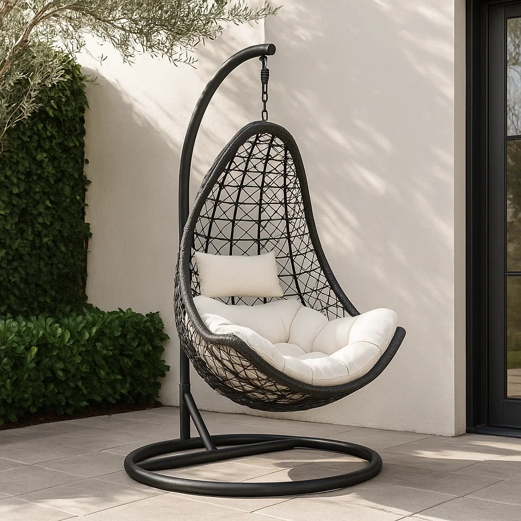 Fauteuil suspendu en rotin synthétique avec coussin blanc et structure métallique, installation suspendue, dimensions 110 x 100 x 200 cm, pour jardin ou terrasse - BgoLatphjVDo
