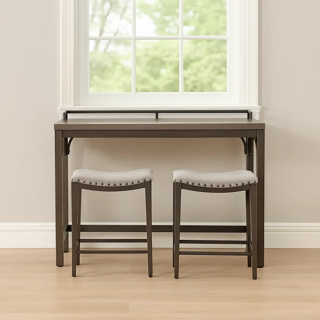 Ensemble table et tabourets de bar, comprenant une table et deux tabourets rembourrés, gris clair, métal et bois, adapté à un usage intérieur.