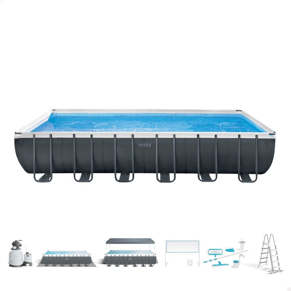 Intex Rechteckiger, röhrenförmiger PVC-Aufstellpool 732x366x132 cm Dunkelgrau mit Filterpumpe