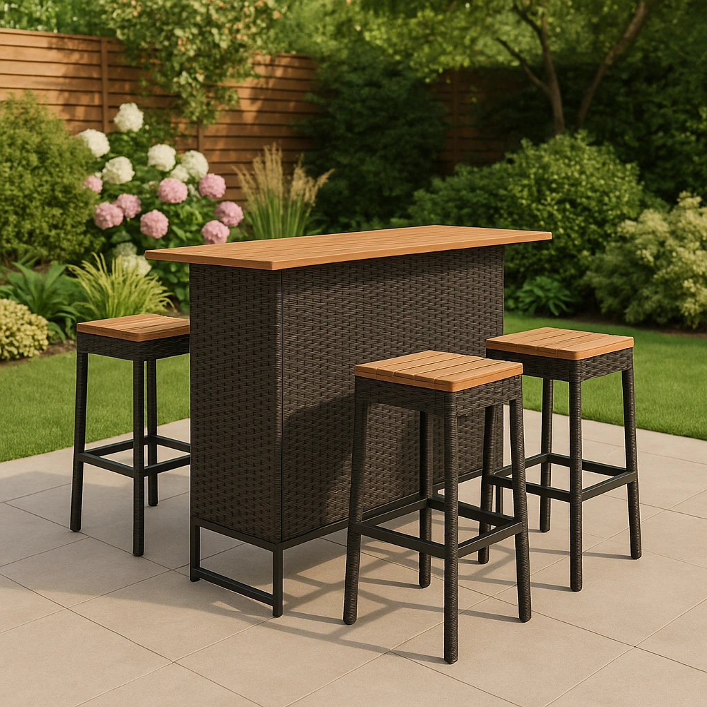 Ensemble bar de jardin avec table et 4 tabourets en osier et bois