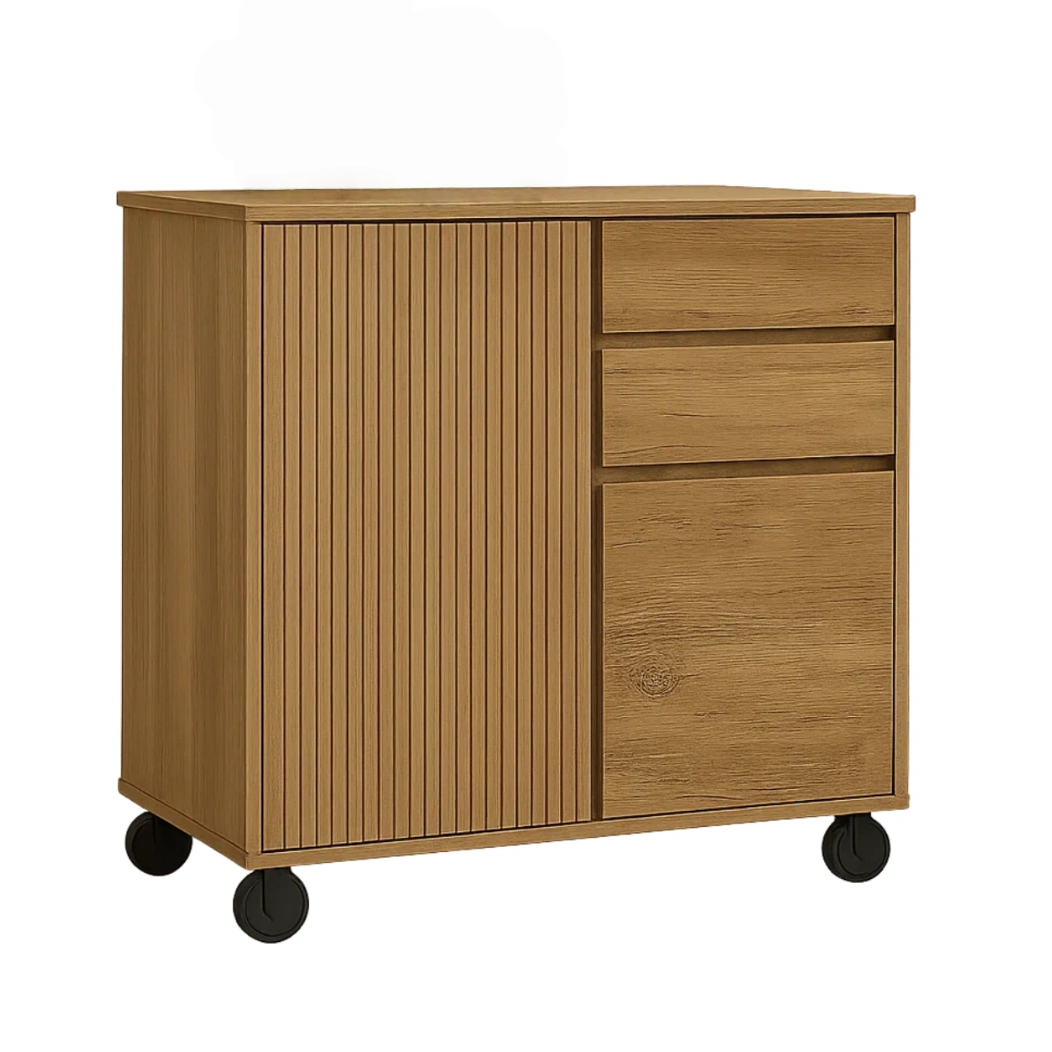 Îlot de cuisine rectangulaire en MDF couleur chêne, sur roulettes, avec deux tiroirs et deux portes, 80 x 40 x 75 cm, pour usage domestique. - tzPrsDKzDS3M