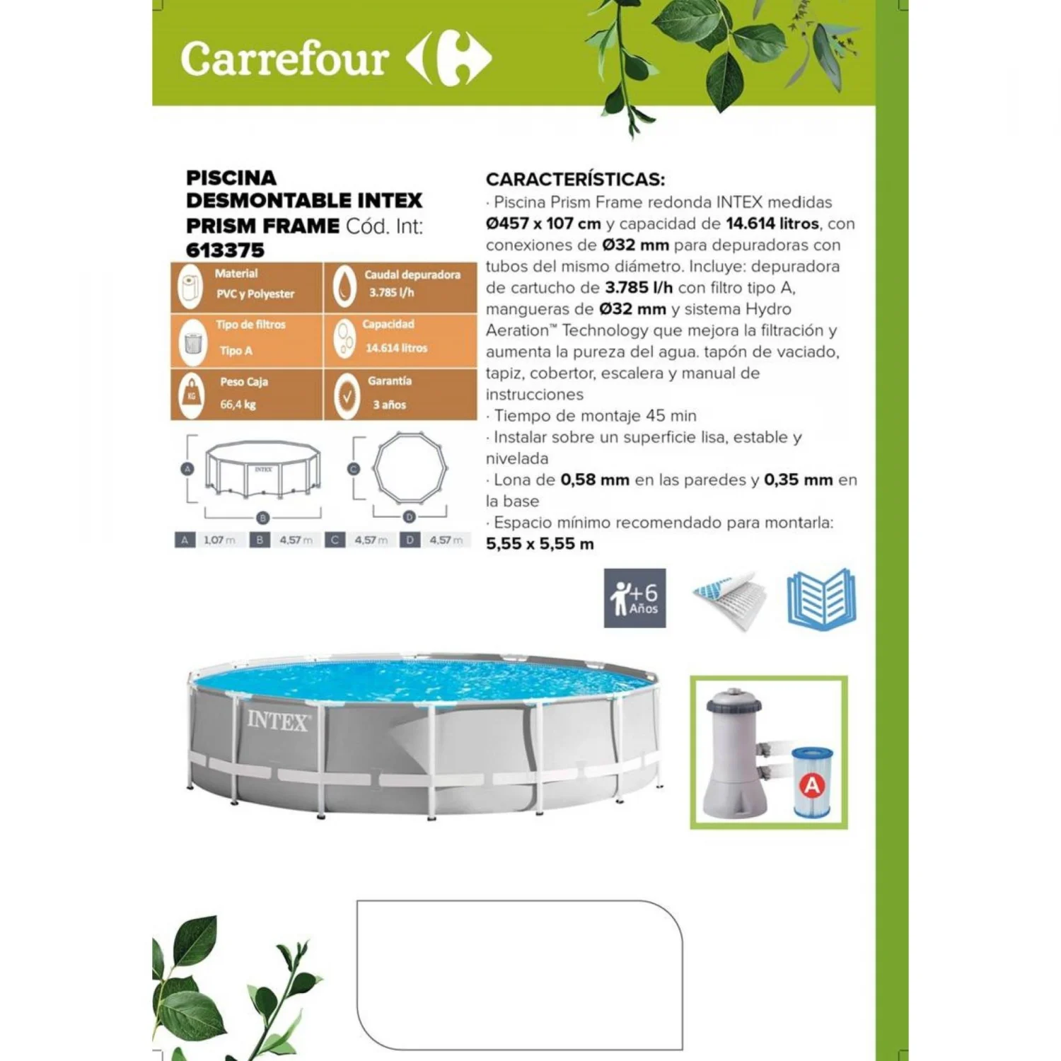 Runder Swimmingpool mit Pumpe, Filter und Leiter 457x107 cm Prismenrahmen