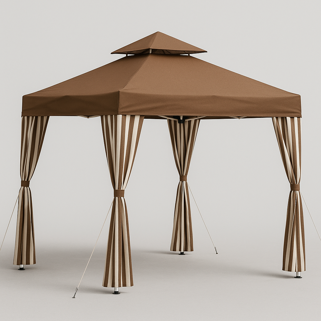 Tente de jardin pliante 3 x 3 x 3,5 m avec double toit et rideaux latéraux, structure en acier, polyester 160 g/m² marron/beige