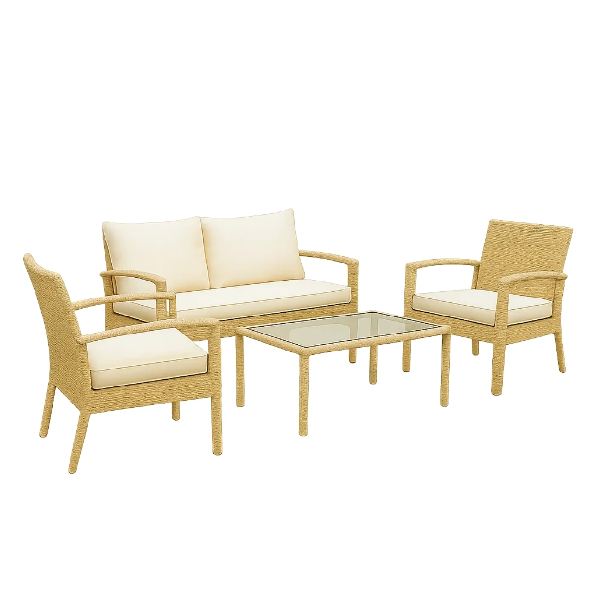 Salon de jardin 4 places, bois beige, canapé 140x70x75 cm, fauteuils 70x70x75 cm, table 80x40x40 cm, coussins beiges, installation extérieure pour patio ou terrasse - KdLKtWKv3Kp3