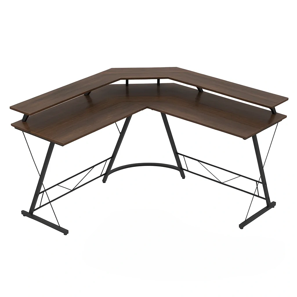 Bureau d'ordinateur en forme de L avec structure métallique et plateau en bois, 120 x 120 x 75 cm - iRyRqmM312bO