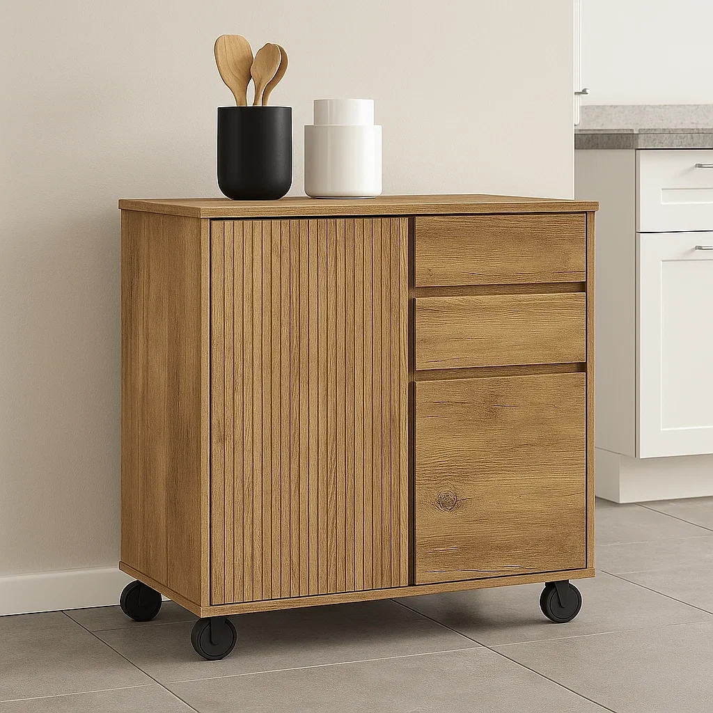 Îlot de cuisine rectangulaire en MDF couleur chêne, sur roulettes, avec deux tiroirs et deux portes, 80 x 40 x 75 cm, pour usage domestique. - tzPrsDKzDS3M