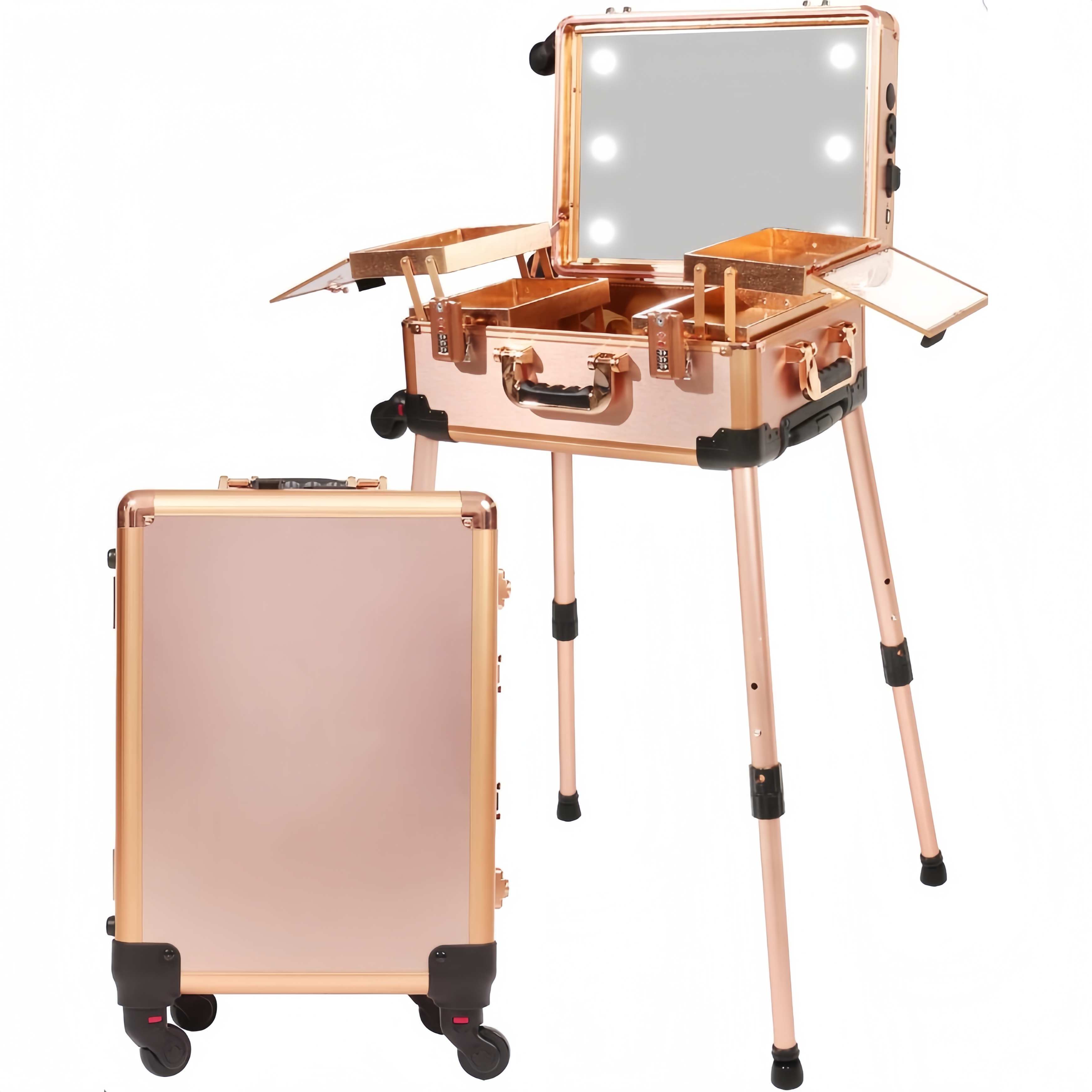 Mittelgroßer Make-up-Koffer mit Zahlenschloss, beleuchtetem Spiegel, Lautsprecher, Reise-Kosmetikorganizer, professioneller Trolley für Künstler, eigenständiger Studiokoffer