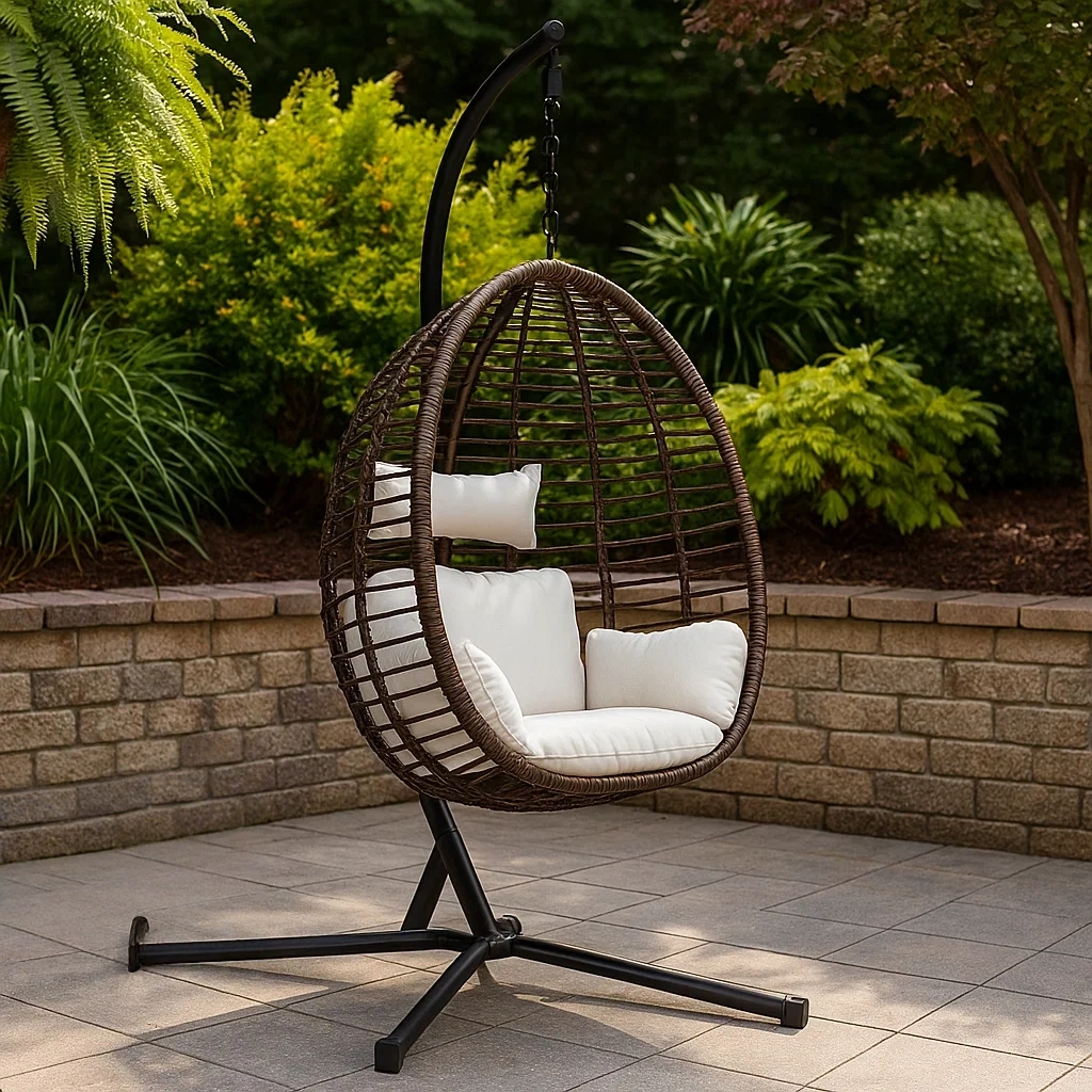 Fauteuil suspendu en rotin avec support en métal, marron, coussins blancs, pour l'extérieur, 80 x 75 x 195 cm - 7pA0oJHeSvYA