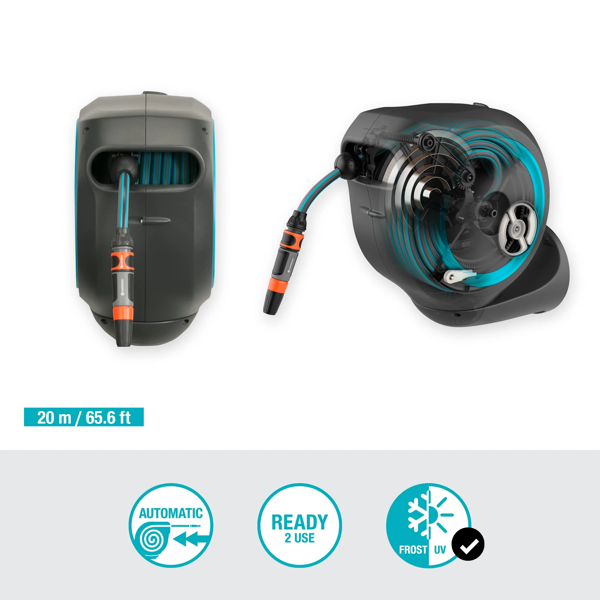 Gardena RollUp M Wand-Schlauchaufroller (Türkis), 20 m: Flexible Bewässerung für mittelgroße Gärten. Drehtrommel. Mit Wandhalterung, Systemzubehör und Sprühgerät. Inklusive 20 m Schlauch (18610-20).