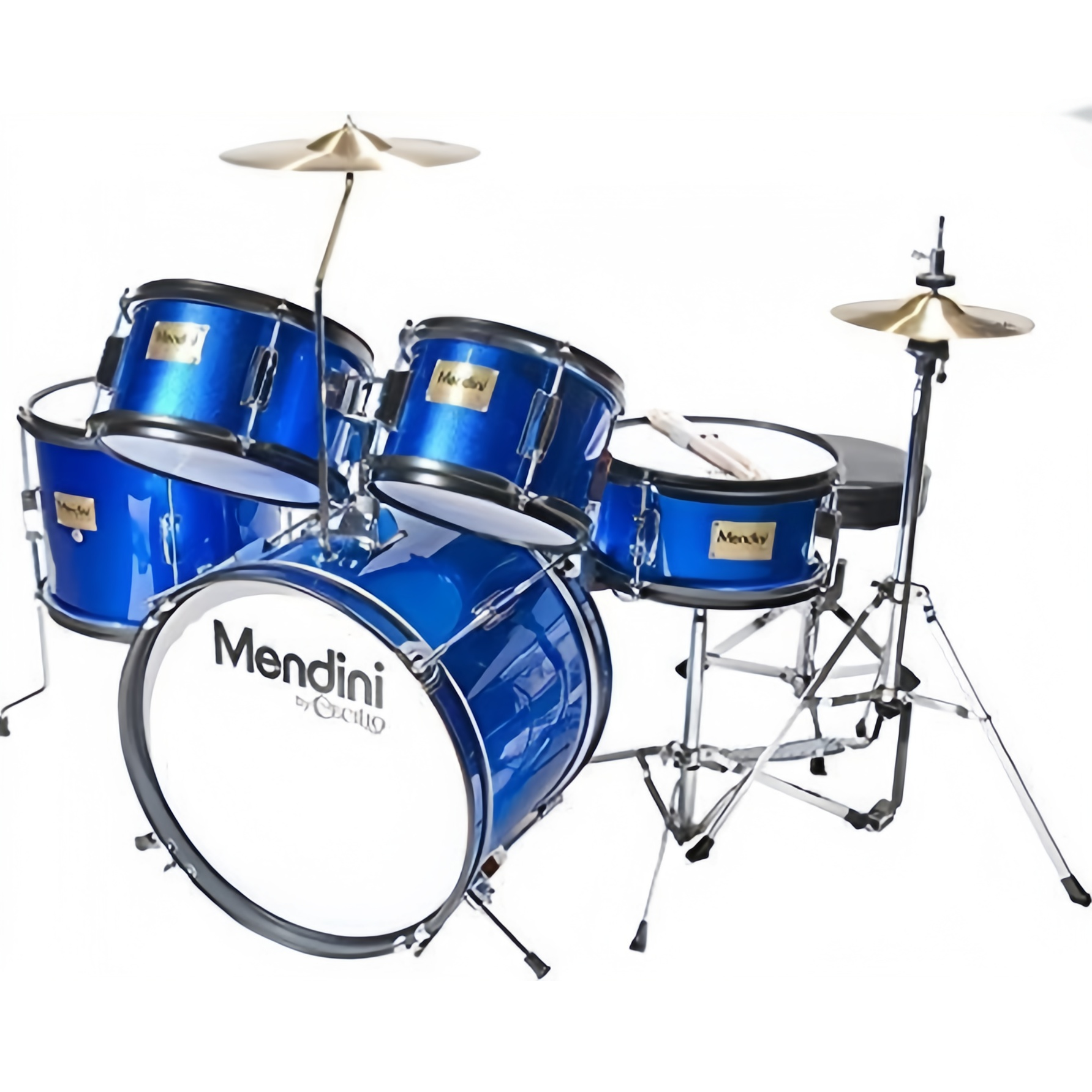 Mendini by Cecilio Kinder-/Jugend-Schlagzeug – 16 Zoll, 5-teilig, Metallic-Blau – Einsteiger-Schlagzeugset mit verstellbarem Hocker, Becken, Fußpedal und Drumsticks – MJDS-5-BL