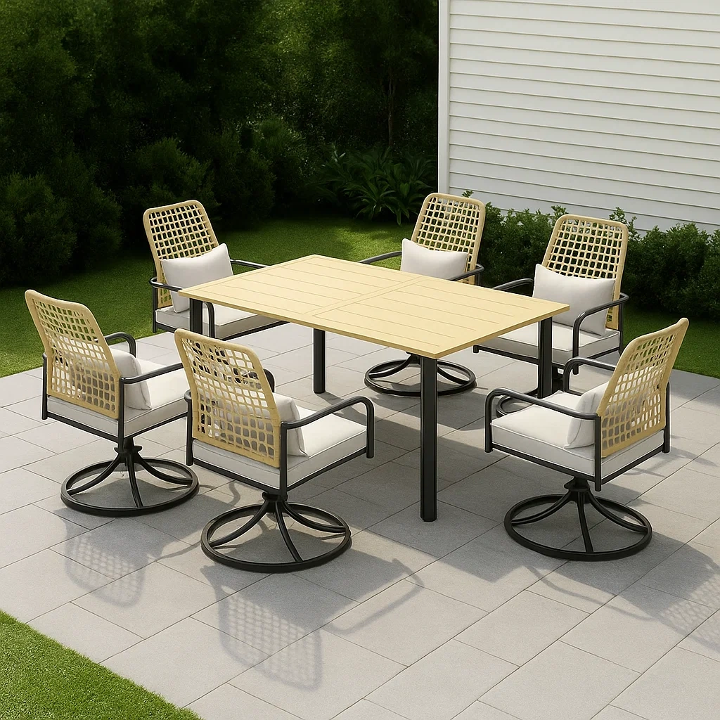 Ensemble de salle à manger de jardin, table rectangulaire avec 6 chaises, noir, acier et tissu, idéal pour le jardin