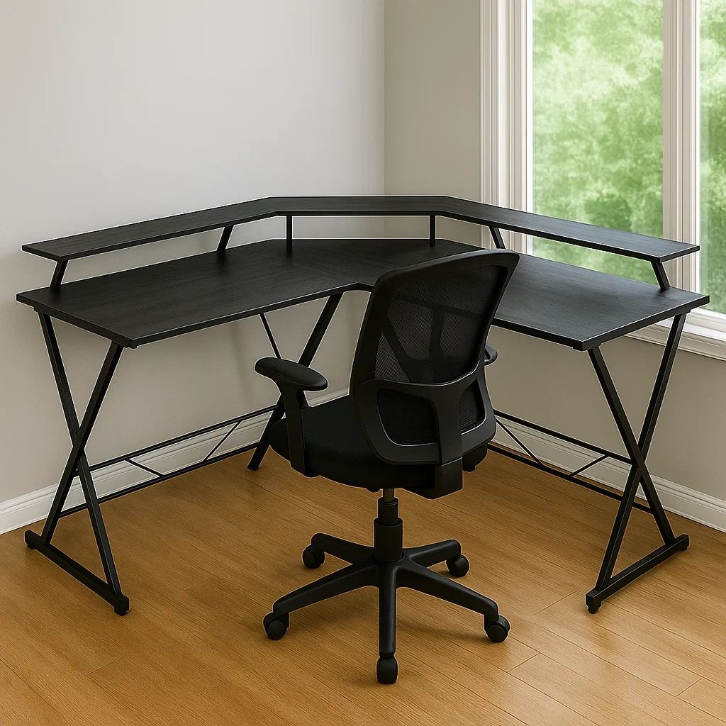 Bureau d'ordinateur d'angle en bois noir avec étagères, 120 x 120 x 75 cm - lGtIu9UoUhlM