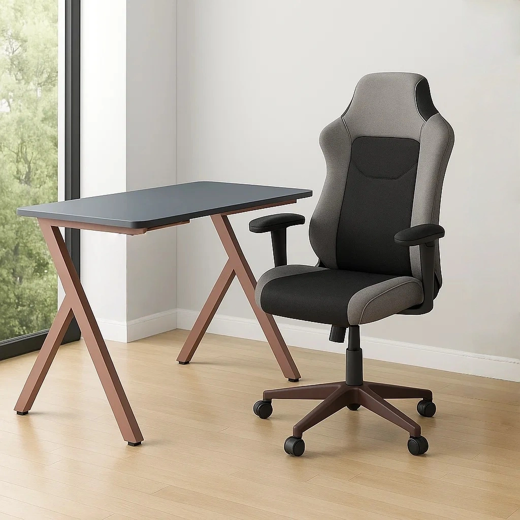 Bureau d'ordinateur en bois gris et marron, avec chaise ergonomique à roulettes, 120 x 60 x 75 cm - WKUwhvVOGRpr