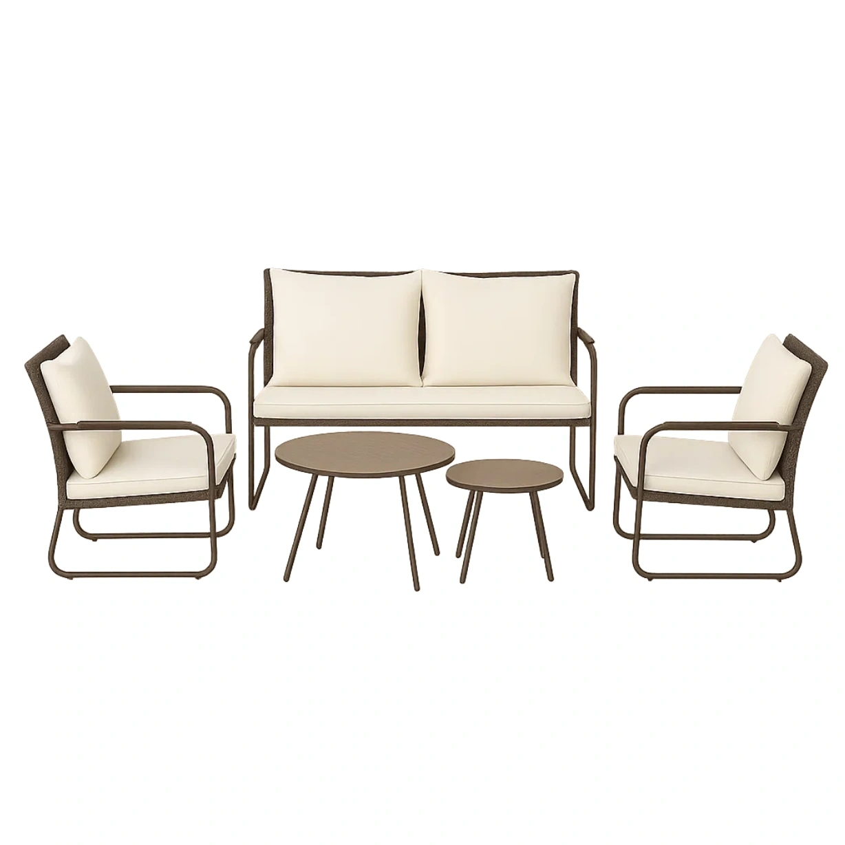 Ensemble de salon de jardin 5 pièces avec structure en métal et assises en rotin, coloris marron, coussins couleur crème ; comprend une table ronde (60 x 45 cm de diamètre), deux chaises (60 x 60 x 80 cm), un canapé (120 x 60 x 80 cm) et une table d'