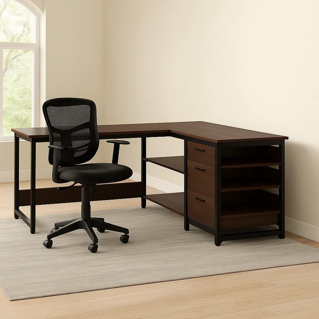 Bureau d'ordinateur en bois et métal, noir et marron, avec étagères et tiroirs, 120 x 60 x 75 cm, bureau - xD22UzW0yFKi