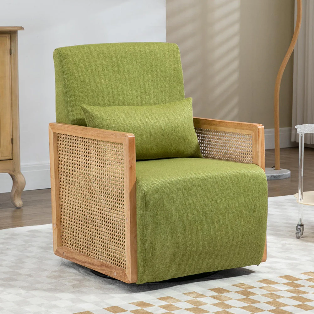 Drehsessel mit Armlehnen aus Rattan und Lendenkissen