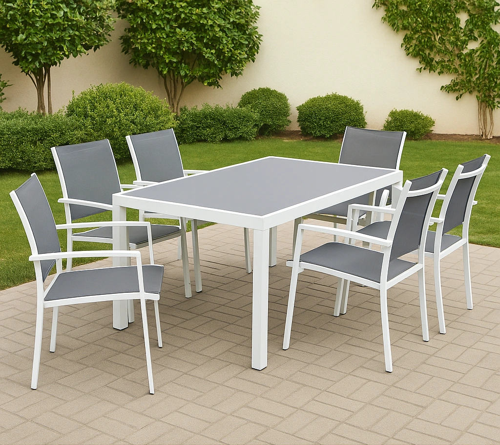 Ensemble de salle à manger d'extérieur en textilène blanc/gris acier pour jardin et terrasse - EPPyqwF385Cn
