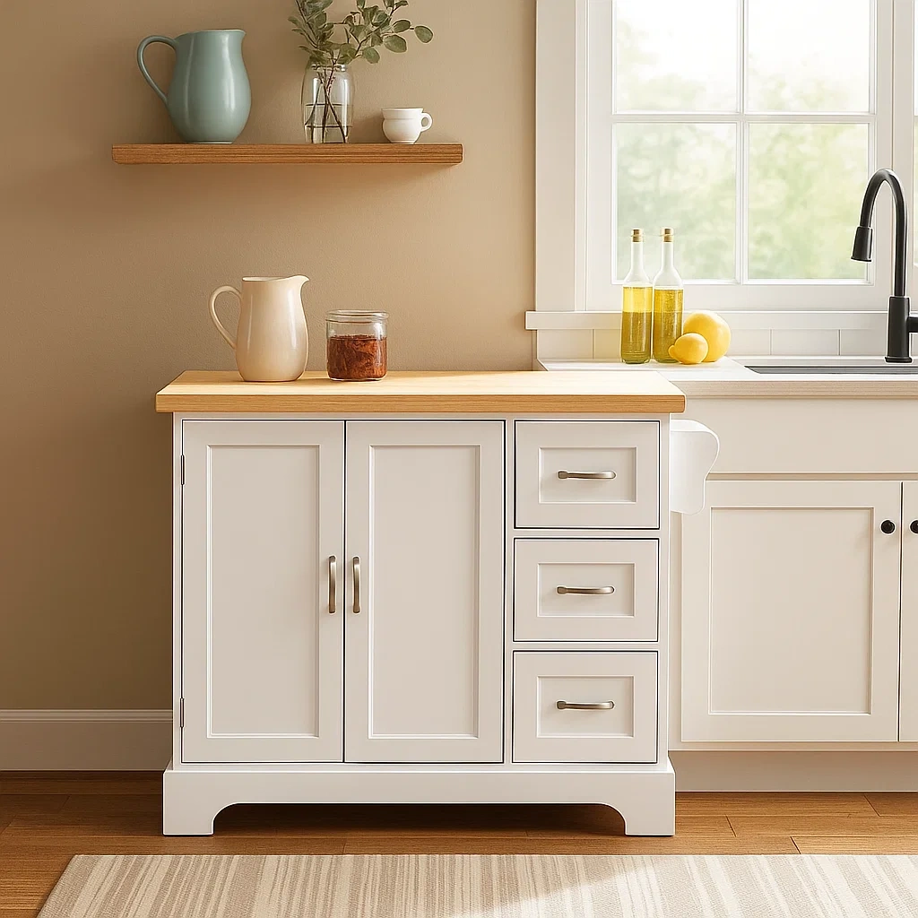 Îlot de cuisine rectangulaire avec placard et tiroirs, en MDF, coloris blanc et chêne, sans roulettes, 100 x 45 x 85 cm, pour cuisines classiques. - euh282OIIPXL