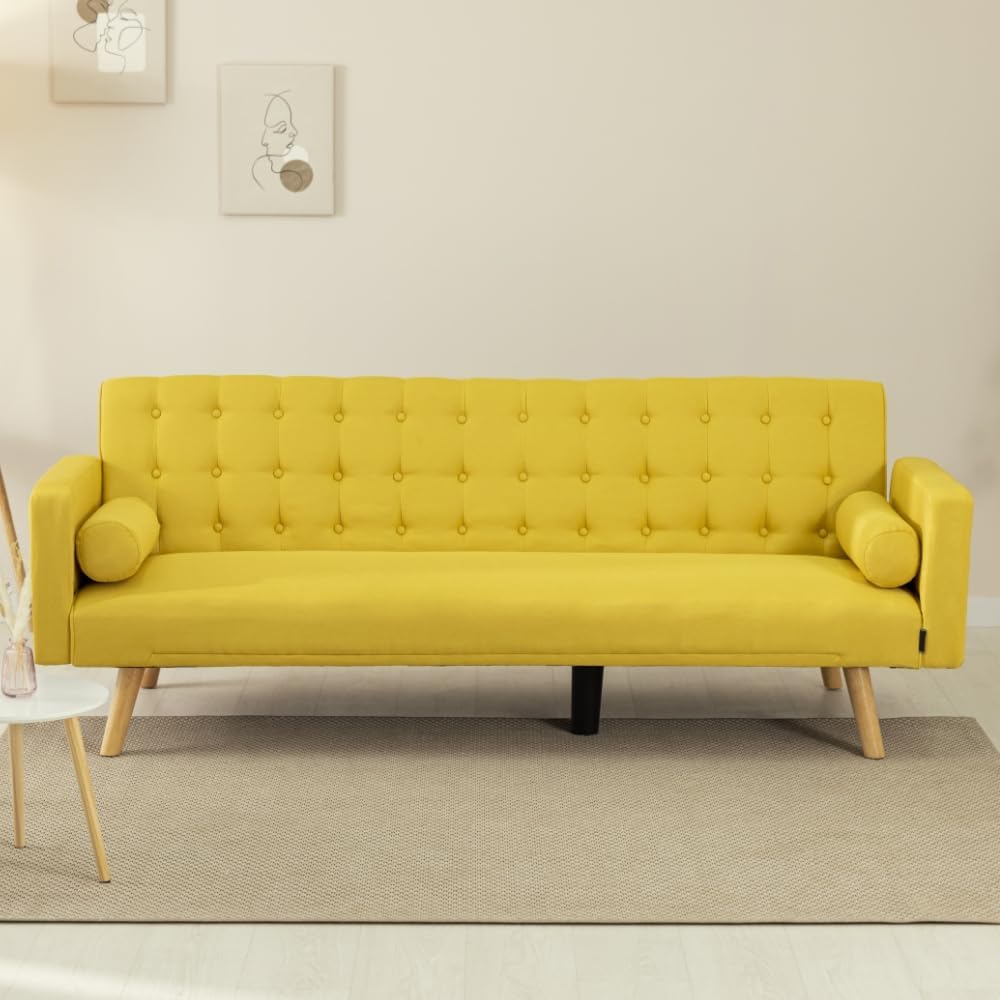Nalui – 3-Sitzer-Schlafsofa, gepolstert, 203 x 82 x 78 cm, One Dots, mit 2 Kissen und Klick-Klack-Öffnungsmechanismus mit mehreren Liegepositionen. Chaiselongue-Schlafsofa mit Holzbeinen, umwandelbar in ein Doppelbett | Beige