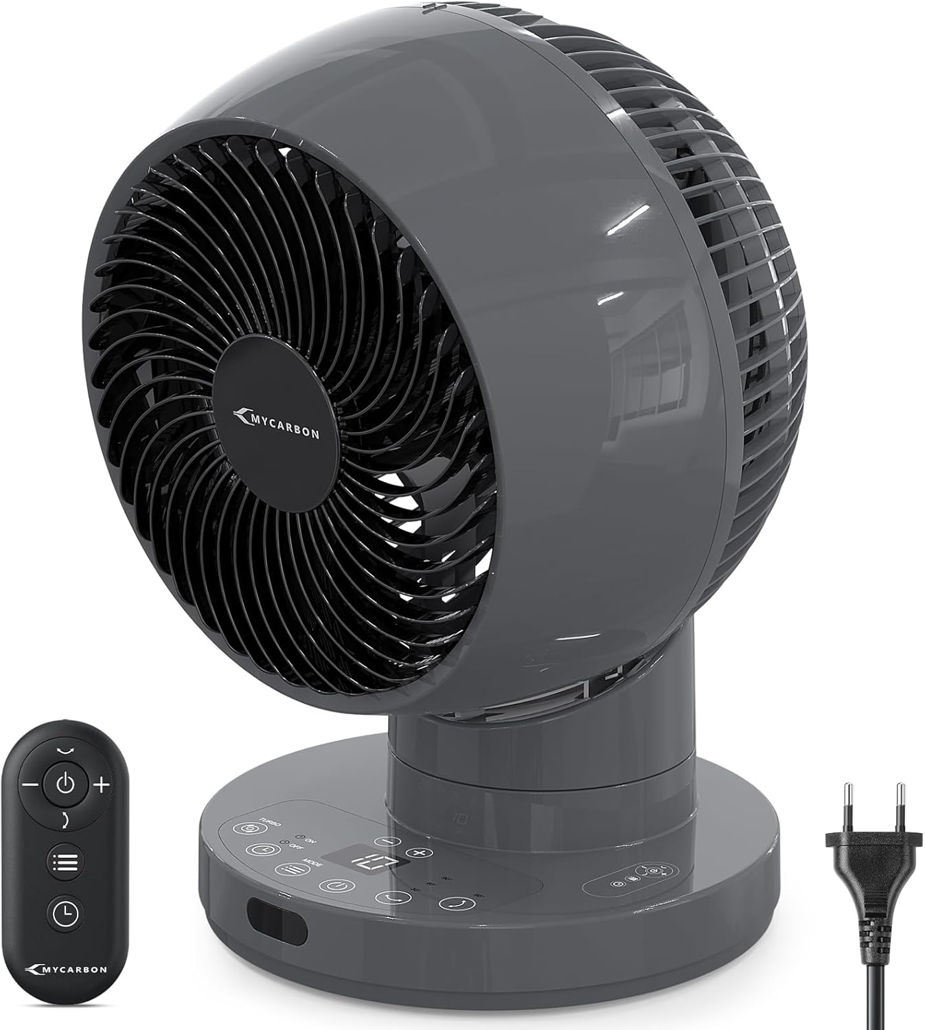 MYCARBON Silent Turbo Tischventilator 20dB, leistungsstarker Gleichstrommotor, 30°-60°-90° Oszillation, 11 Geschwindigkeitsstufen, 12-Stunden-Timer und programmierbarer Start, mit Fernbedienung
