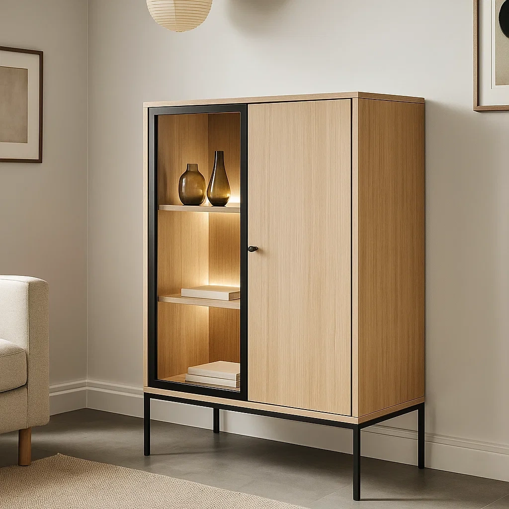 Vitrine à portes vitrées et en bois, 3 étagères, MDF et métal, finition chêne clair et noir, autoportante, pour salon ou salle à manger, 85 x 35 x 140 cm - 4D6SaRu38Mfa