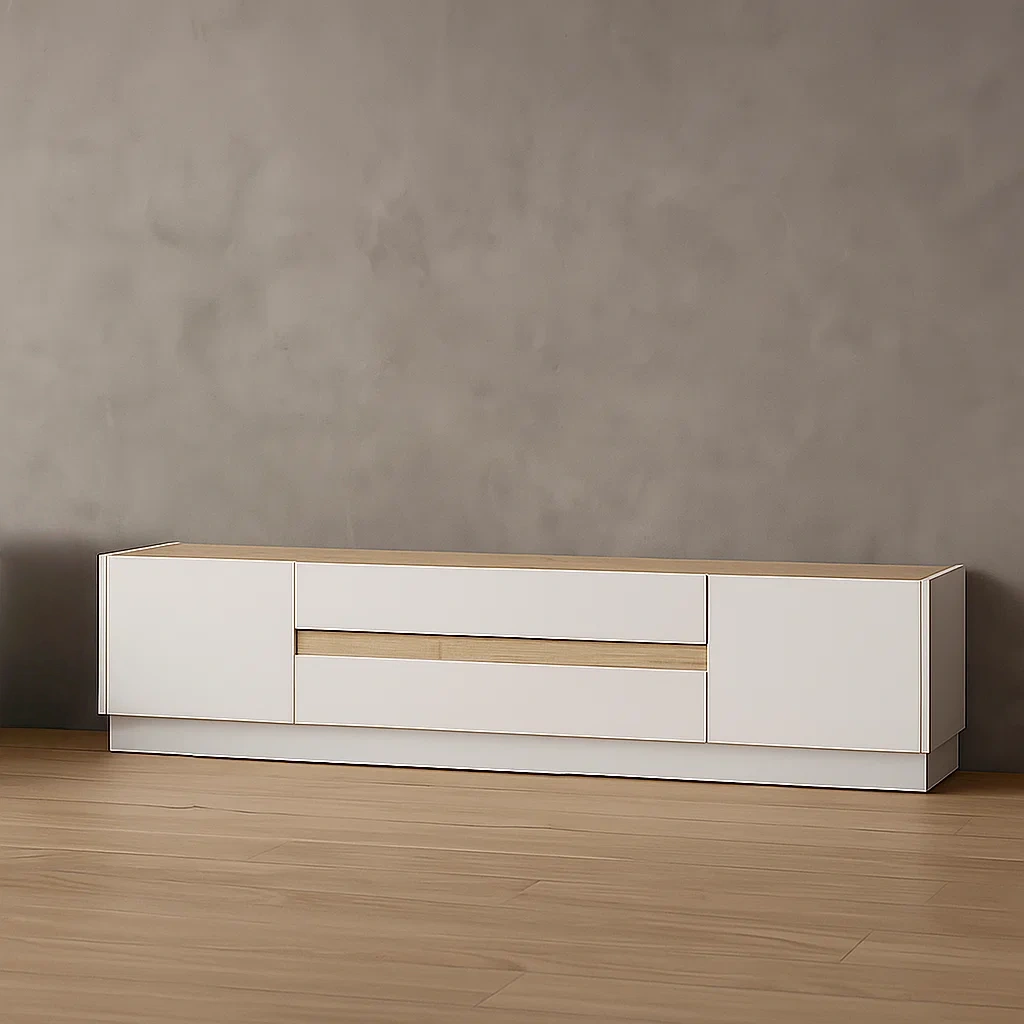 Meuble TV avec tiroirs, mélaminé blanc et naturel clair, pour salon, 204,7 × 39,8 × 43,2 cm - kWAaSRMYeD7x