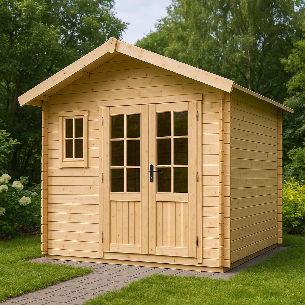 Abri de jardin en bois naturel avec portes et fenêtres vitrées - Idéal pour un jardin de 240 cm x 240 cm x 260 cm