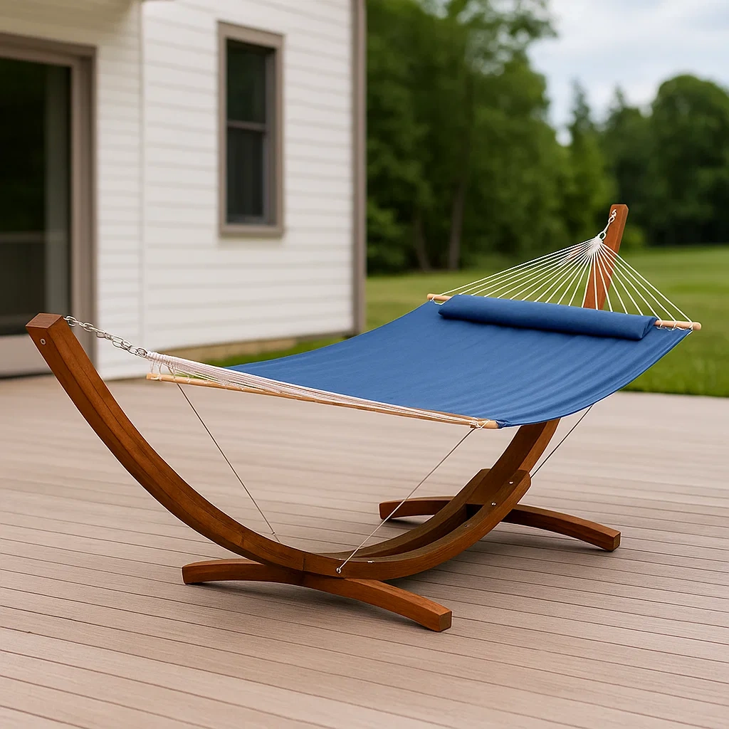 Hamac de jardin bleu, en polyester et bois, pour usage extérieur, 314 x 118 x 124 cm