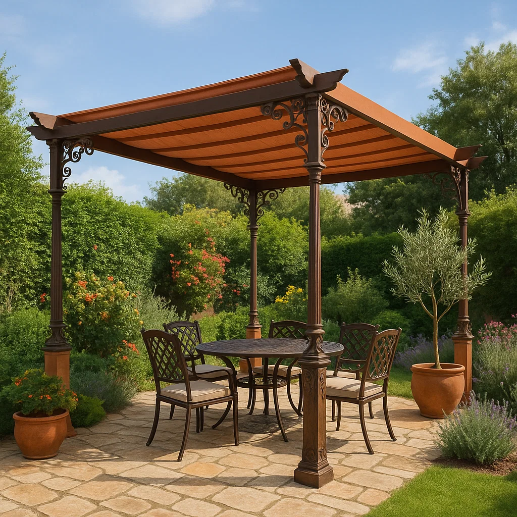 Pergola de jardin en métal avec store rétractable - Marron et beige - pour usage extérieur - 400 cm de long x 360 cm de haut x 250 cm de profondeur xzPcMht335uB